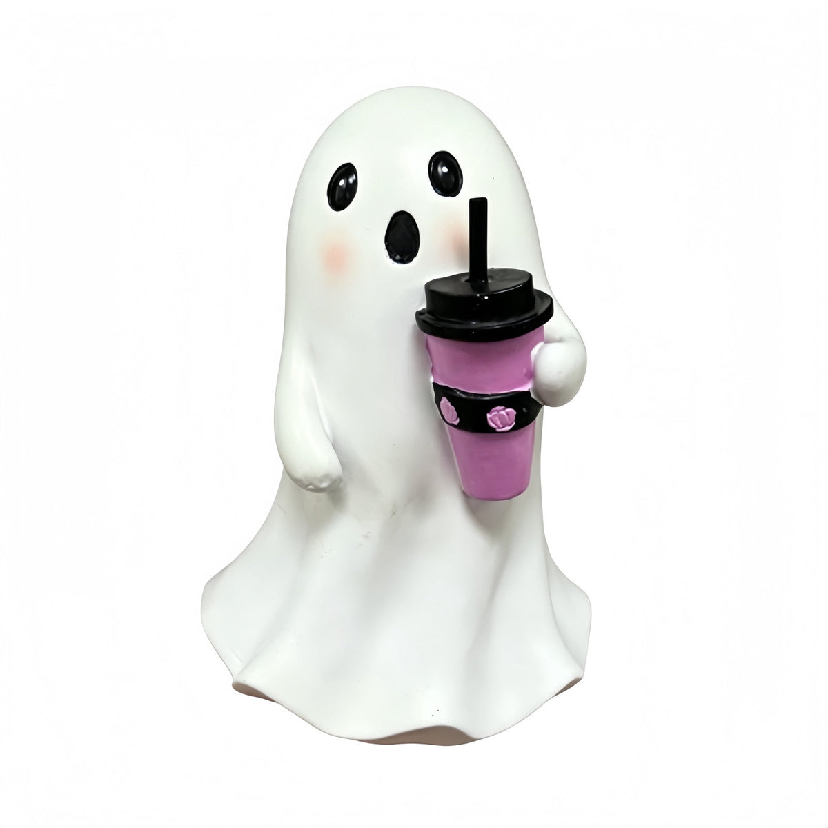 Halloween Ghost Figurine, Resin Lighted Ghost Ornament with Pumpkin Lantern & Beverage Cup, Tabletop Halloween Indoor Decor