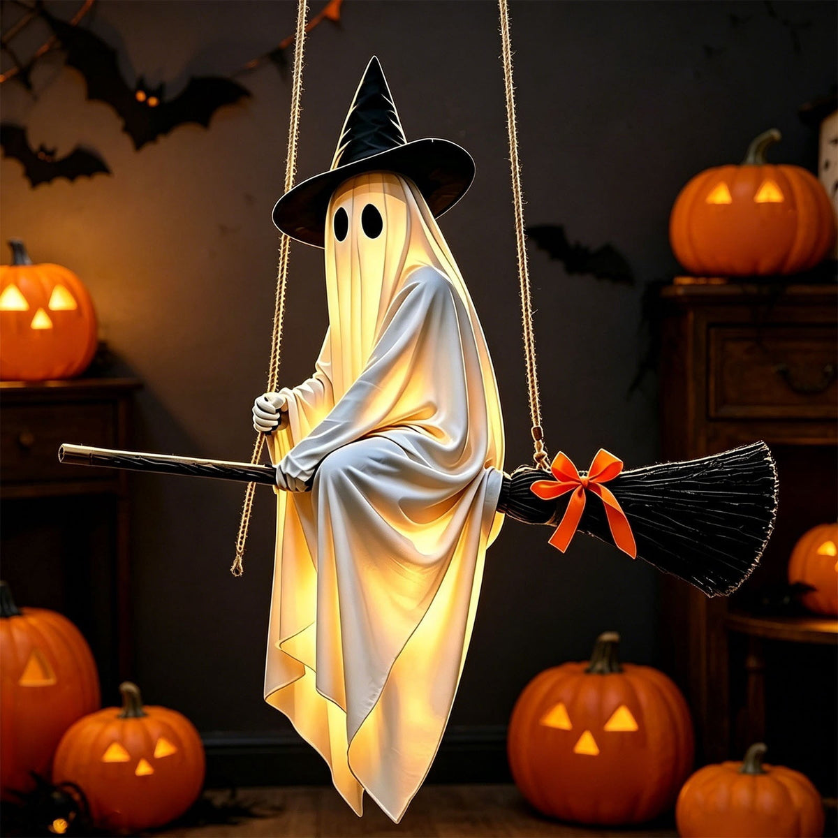 Lighted Halloween Ghost Candy Bowl, Cute LED Ghost Holding Pumpkin Candy Bucket for Trick or Treat, Outdoor Halloween Decorations for Front Porch, Indoor Yard Patio Halloween Decor