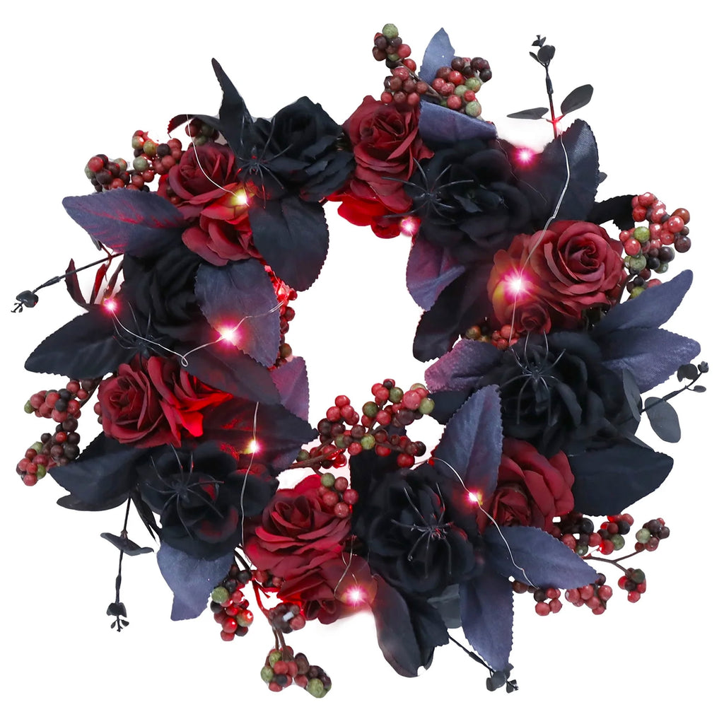 Halloween Decorative Wreath With Lights for Front Door,Black Red Rose Wreaths,15" Berries Wreaths Decor with Black Leaves Garland Ornament for Wall,Porch,Window,Indoor Outdoor Halloween Accessories
