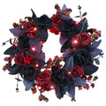 Halloween Decorative Wreath With Lights for Front Door,Black Red Rose Wreaths,15" Berries Wreaths Decor with Black Leaves Garland Ornament for Wall,Porch,Window,Indoor Outdoor Halloween Accessories