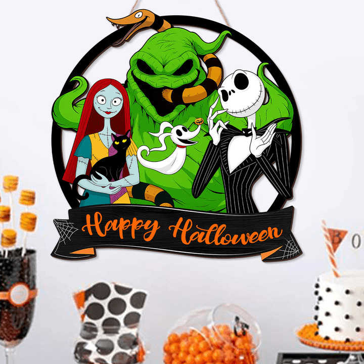 YIBAGA Halloween Door Hanging Sign Wreath Decorations, Happy Halloween Ghost Cat Snake Wooden Hanger Home Decor Party Supplies