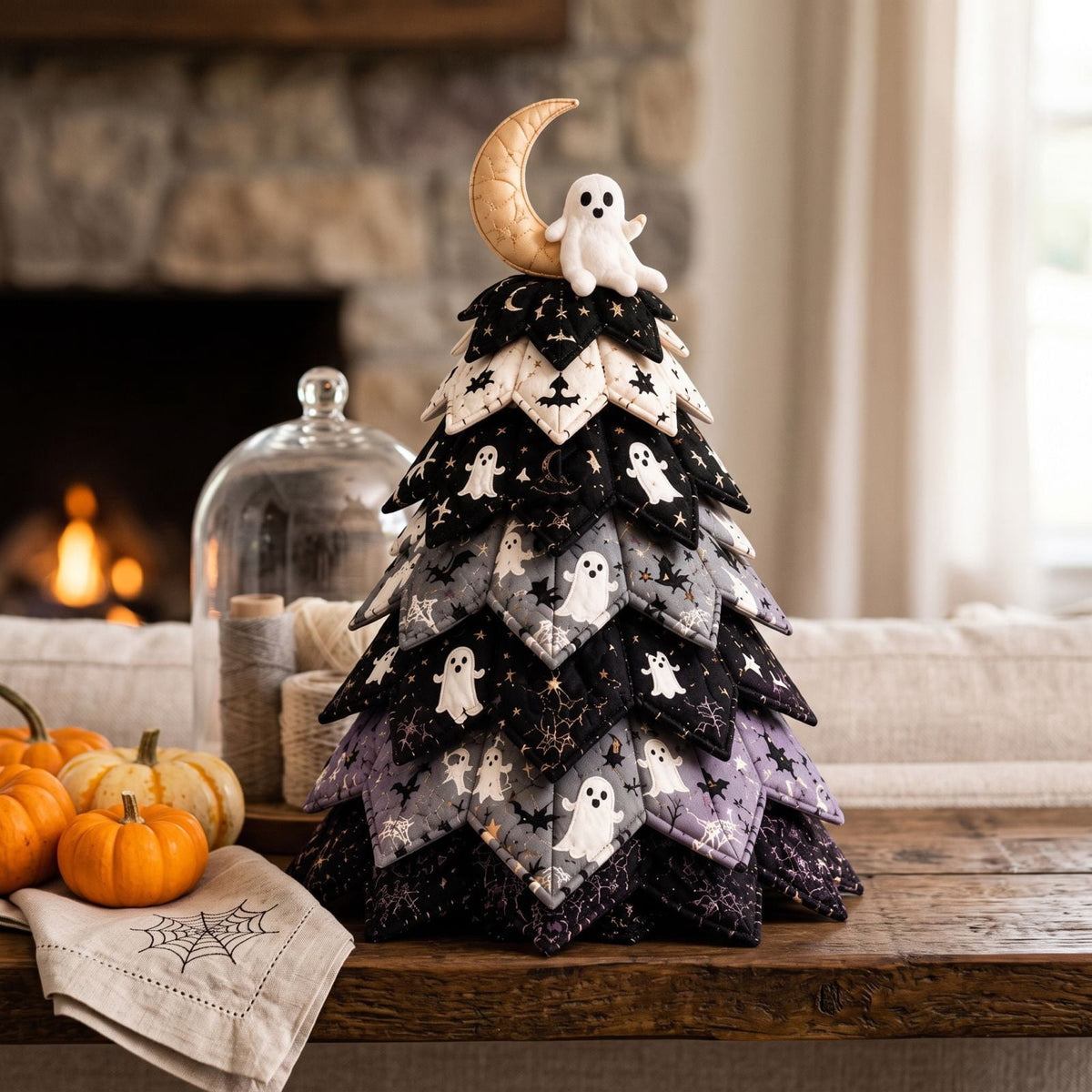 Halloween Fabric Trees - 11.8" DIY Halloween Quilted Fabric Tree Kit, Black Cat Pumpkin Witch Design, Sewing Patchwork Ghost Trees Holiday Table Mantel Decor, Handmade Gift for Craft Lovers