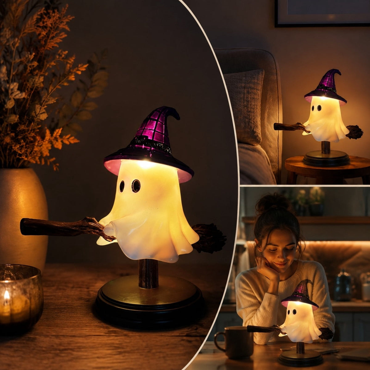 Stained Glass Witch Hat Lamp Gothic Halloween Lighting Decor, Vintage Witchy Hats Night Lights, Handcrafted Retro Resin Table Lamp for Bedroom, Living Room & Home Decor