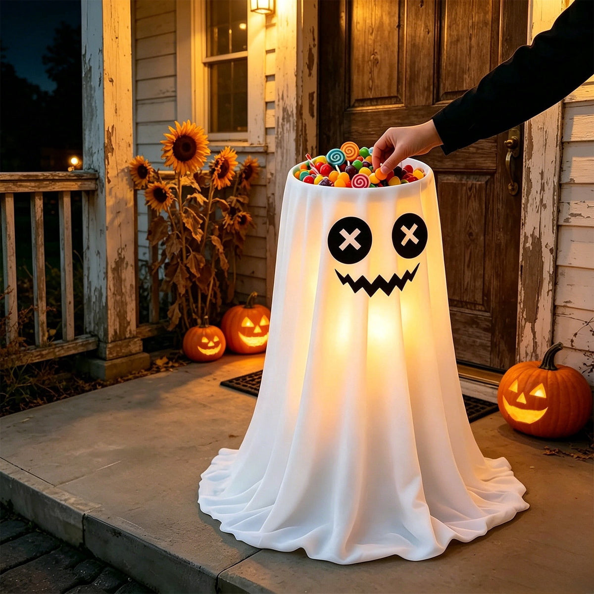 Halloween Ghost Candy Bowl Large Light Up Floor Stand with Remote Control for Halloween Party Treat Display and Trick Or Treat Setup