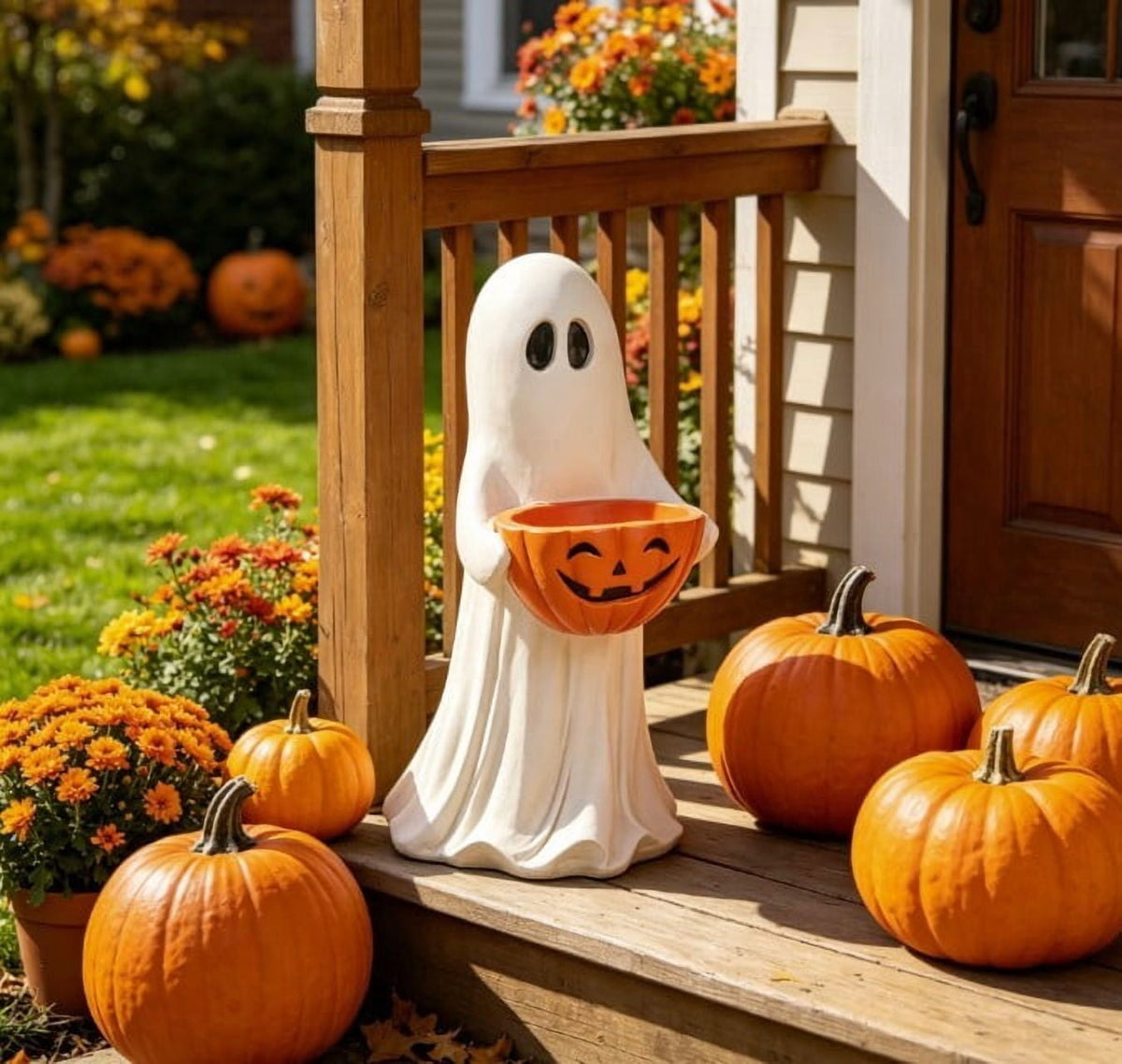 Lighted Halloween Ghost Candy Bowl, Cute LED Ghost Holding Pumpkin Candy Bucket for Trick or Treat, Outdoor Halloween Decorations for Front Porch, Indoor Yard Patio Halloween Decor