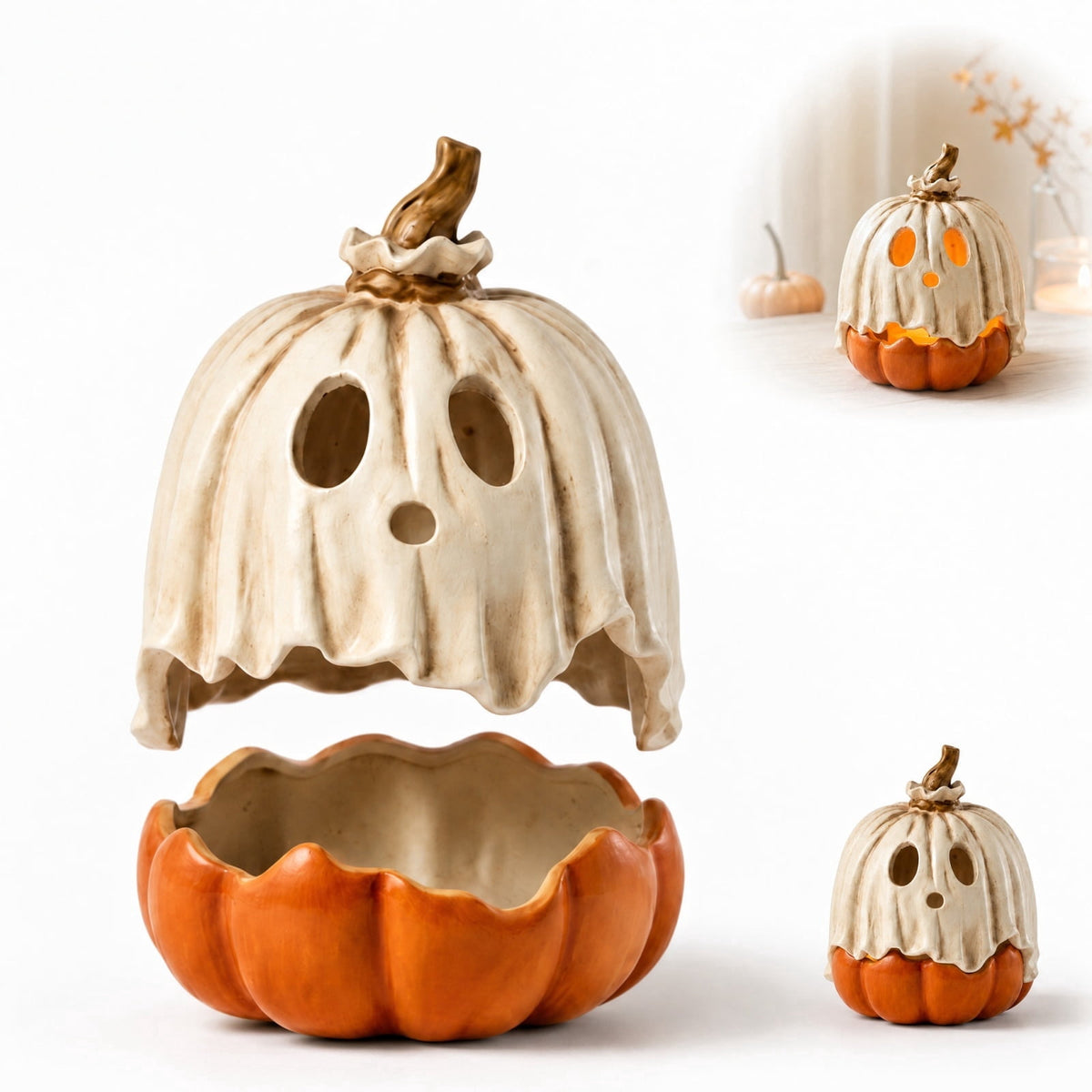 Halloween Ghost Pumpkin Candy Bowl - 2-Piece Detachable Resin Candle Holder, Spooky Jack-O'-Lantern Figurine with Ghost Cover for Tabletop Party Patio Indoor Outdoor Decor Halloween Decorations