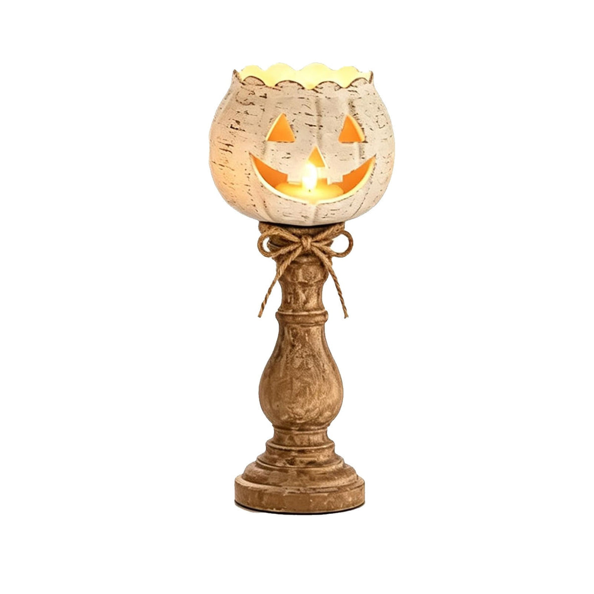 Halloween Lamp Indoor Tabletop Decorations, LED Lighted Wooden Pumpkin with Vintage Pedestal Stand and Rope Bow, 8.7 Inch Rustic Halloween Decor for Home Mantel Entryway
