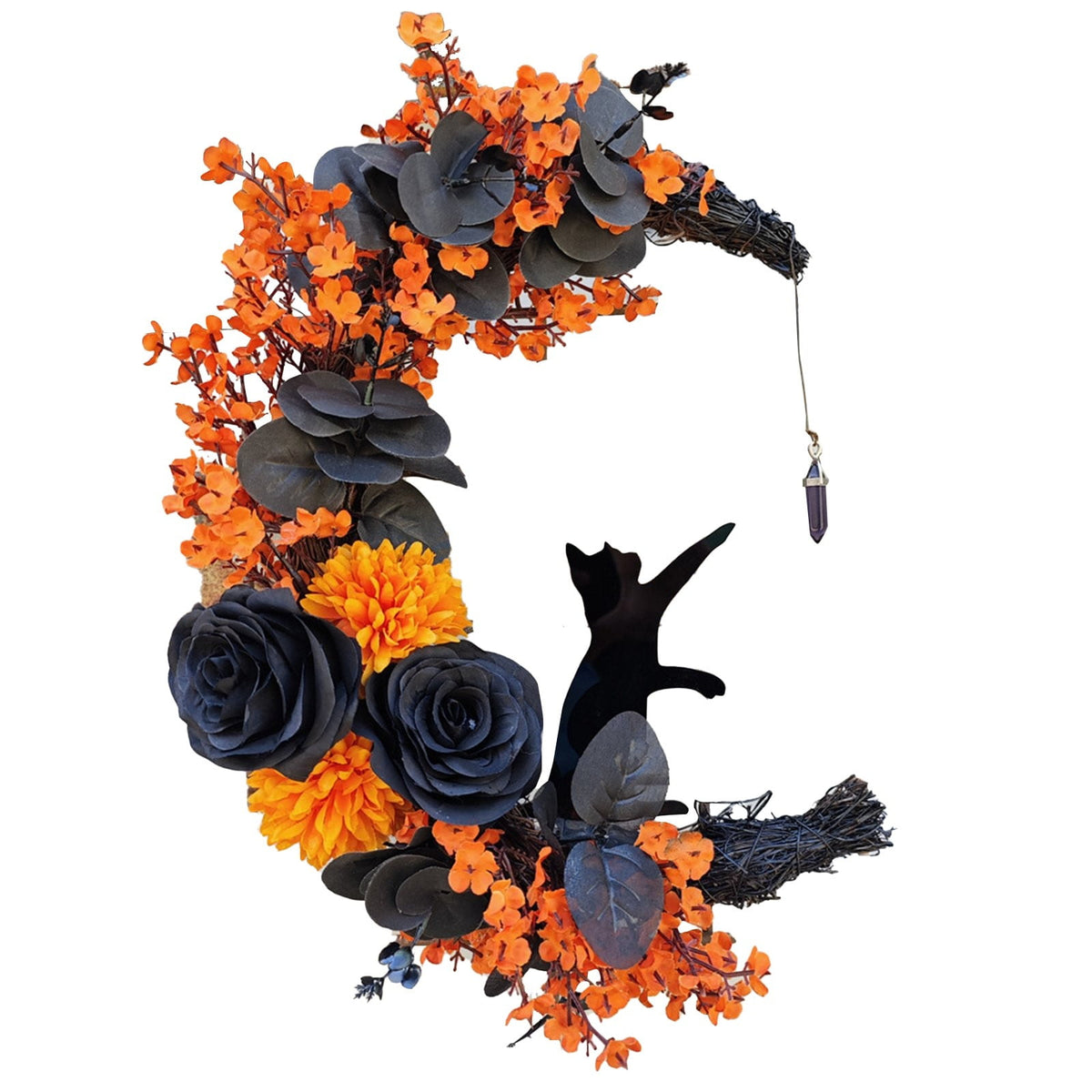 Halloween Moon & Cat Wreath with Lights - Gothic Black Branch Wreath for Front Door, Indoor/Outdoor Spooky Decor with LED Illumination