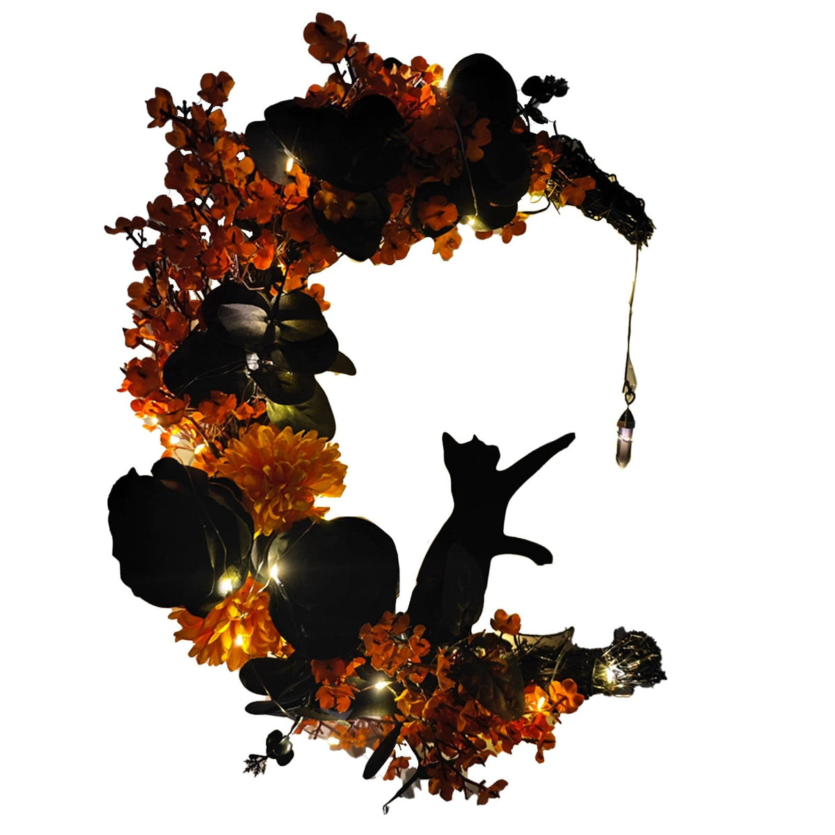 Halloween Moon & Cat Wreath with Lights - Gothic Black Branch Wreath for Front Door, Indoor/Outdoor Spooky Decor with LED Illumination