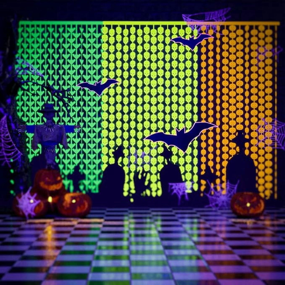 Halloween Neon Tinsel Fringe Curtains 3 Pack Pumpkin Skeleton Bat UV Party Decor