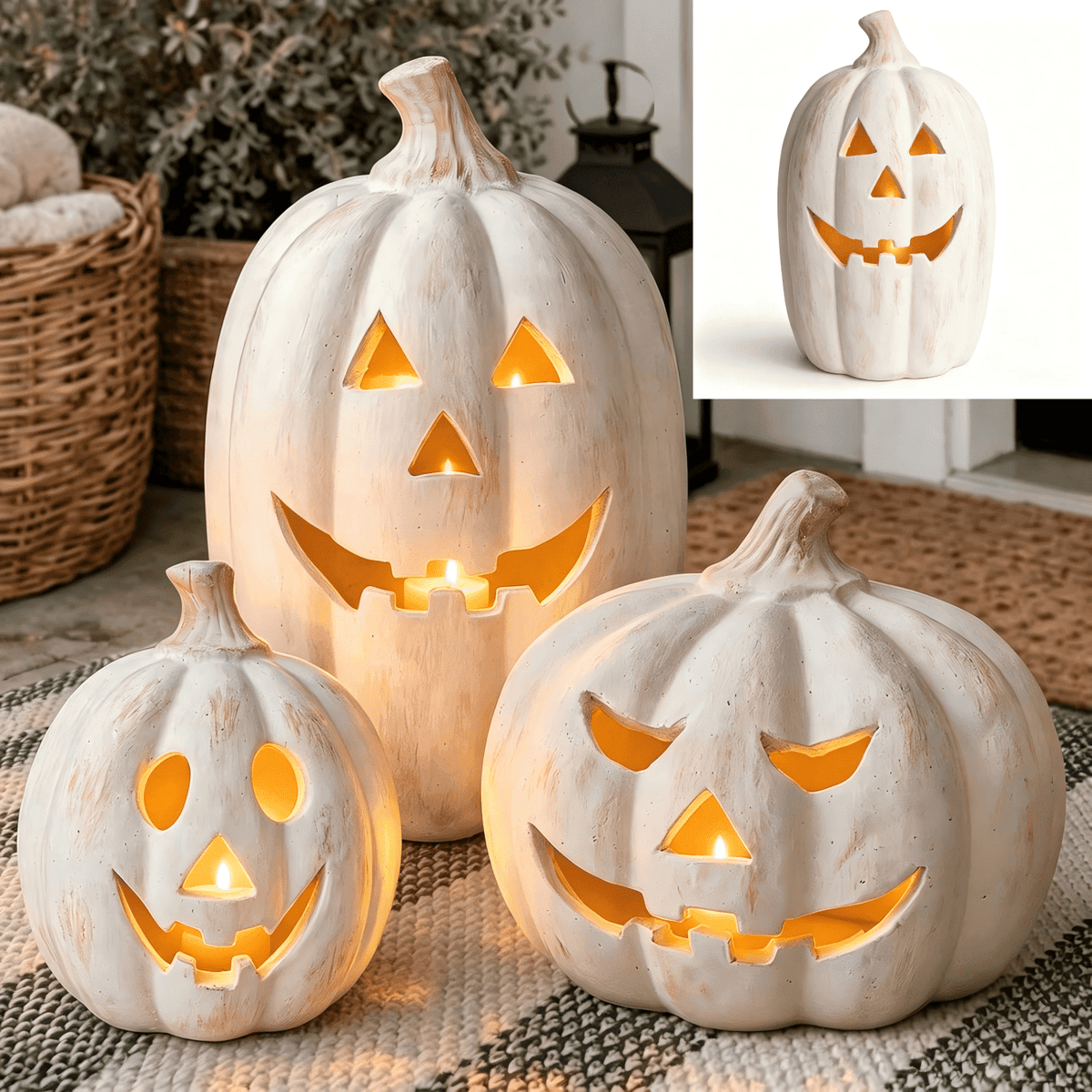 Halloween Pumpkin Lantern Decor, White Handmade Resin Jack O Lantern with Flameless Candle Glow, Vintage Fall Decoration for Front Door Porch Patio Table