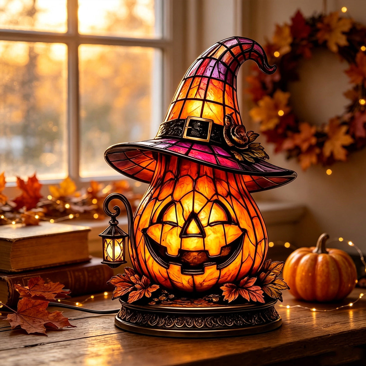 Halloween Pumpkin Night Light With Witch Hat Acrylic LED Tabletop Ornament, Spooky Glowing Figurine for Home Party Bedroom Holiday Decoration