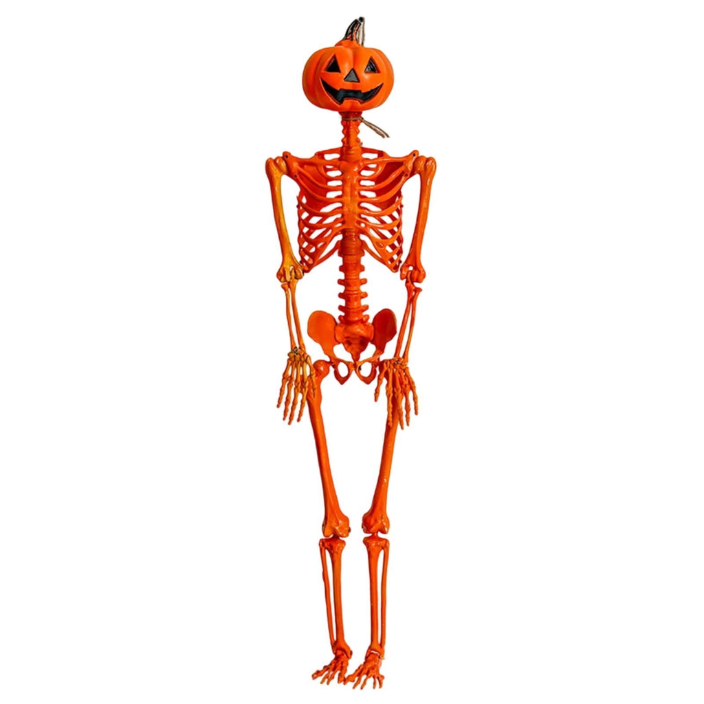 Halloween Pumpkin Skeleton Decoration, 5ft Poseable Orange Skeleton with Jack-O’-Lantern Head for Indoor Outdoor Party Display