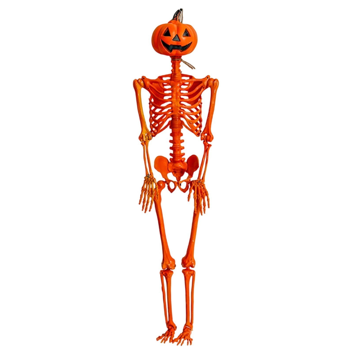 Halloween Pumpkin Skeleton Decoration, 5ft Poseable Orange Skeleton with Jack-O’-Lantern Head for Indoor Outdoor Party Display