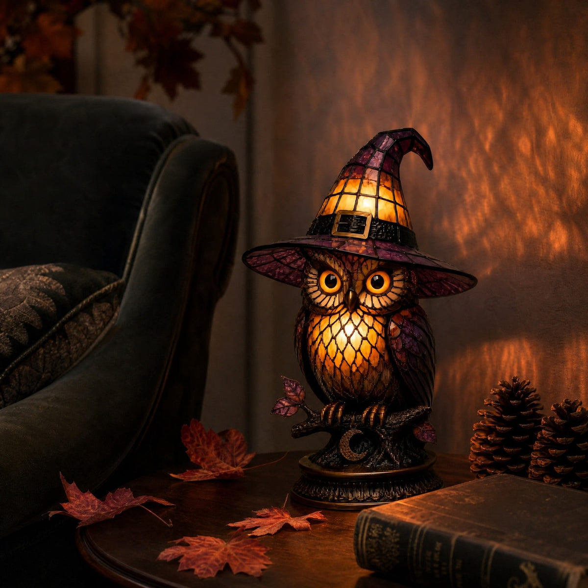 Stained Glass Witch Hat Lamp Gothic Halloween Lighting Decor, Vintage Witchy Hats Night Lights, Handcrafted Retro Resin Table Lamp for Bedroom, Living Room & Home Decor