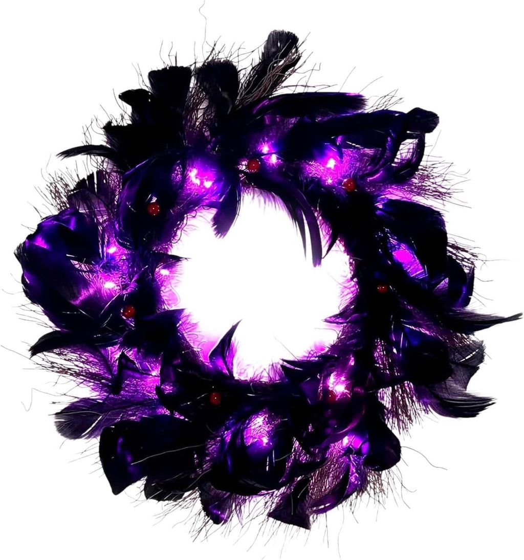 Halloween Wreaths with Light, 16in Black Feather Wreath, Wreaths for Front Door, Halloween Decorations Props for Door, Porch, Window,Indoor and Outdoor