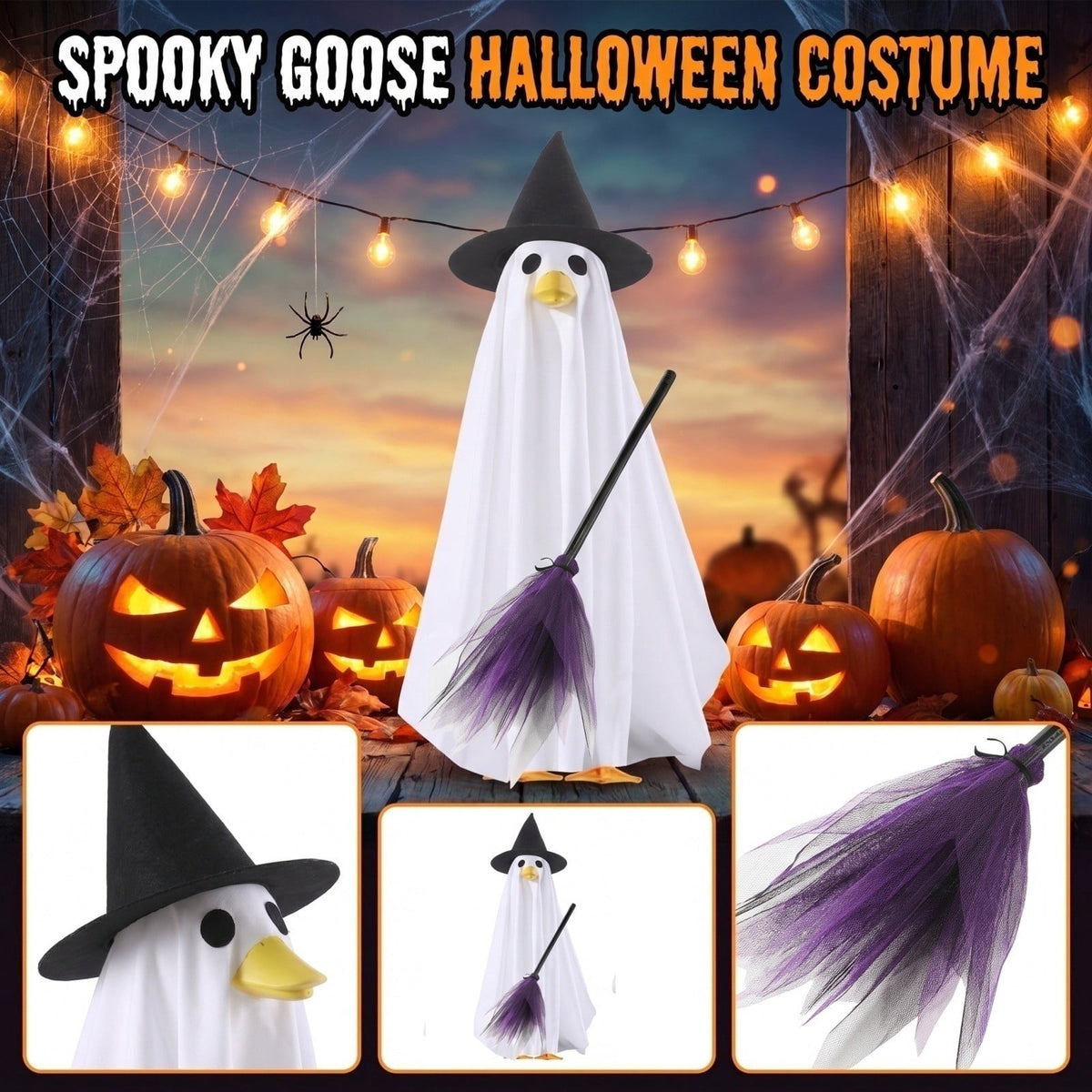 Halloween Garden Porch Decor, Porch Goose Outfits Halloween, 23 Inch Porch Goose Outfits, Witch Dress and Hat Set, Fits 23X11X26 Inch Standing Plush Goose for Front Porch Lawn