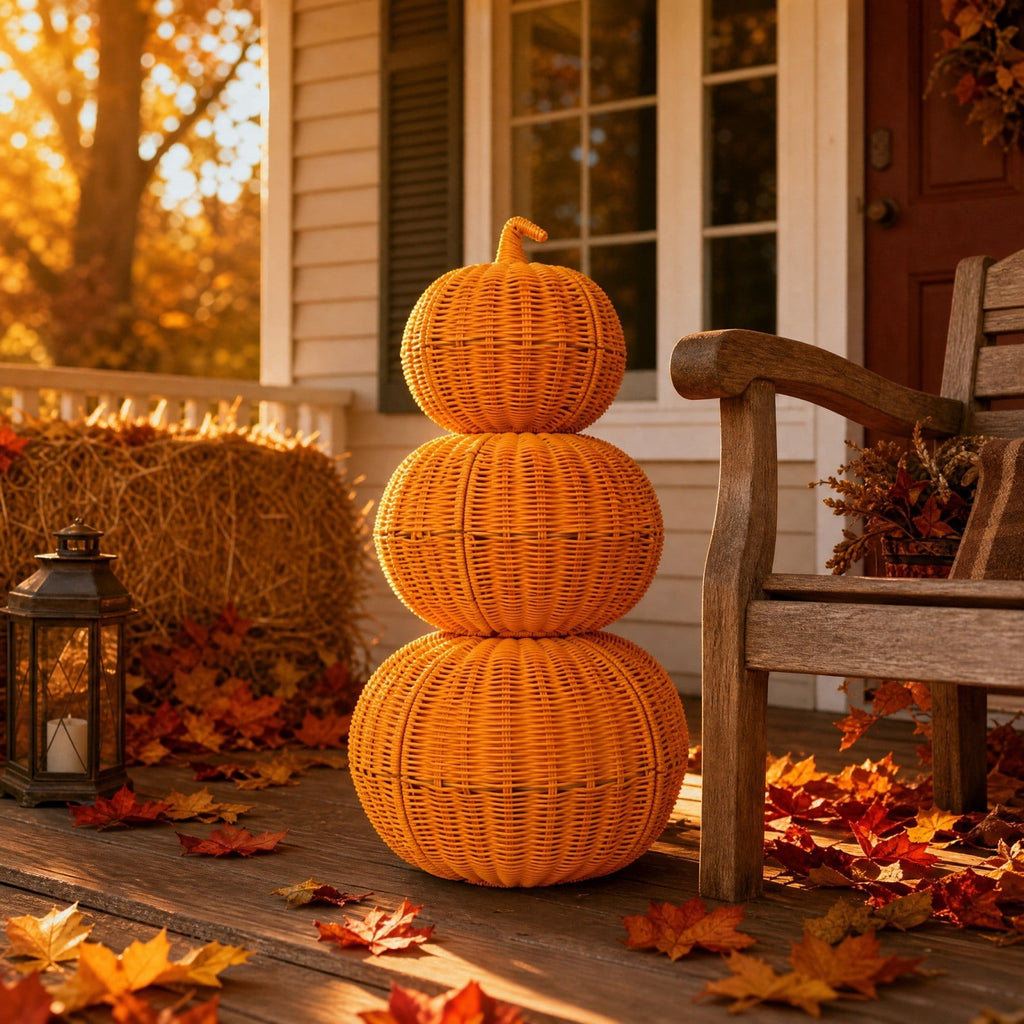 Handmade Rattan Pumpkin Decorations For Halloween Outdoor Fall Party Scene Set Of 3 In Natural Wood Tone