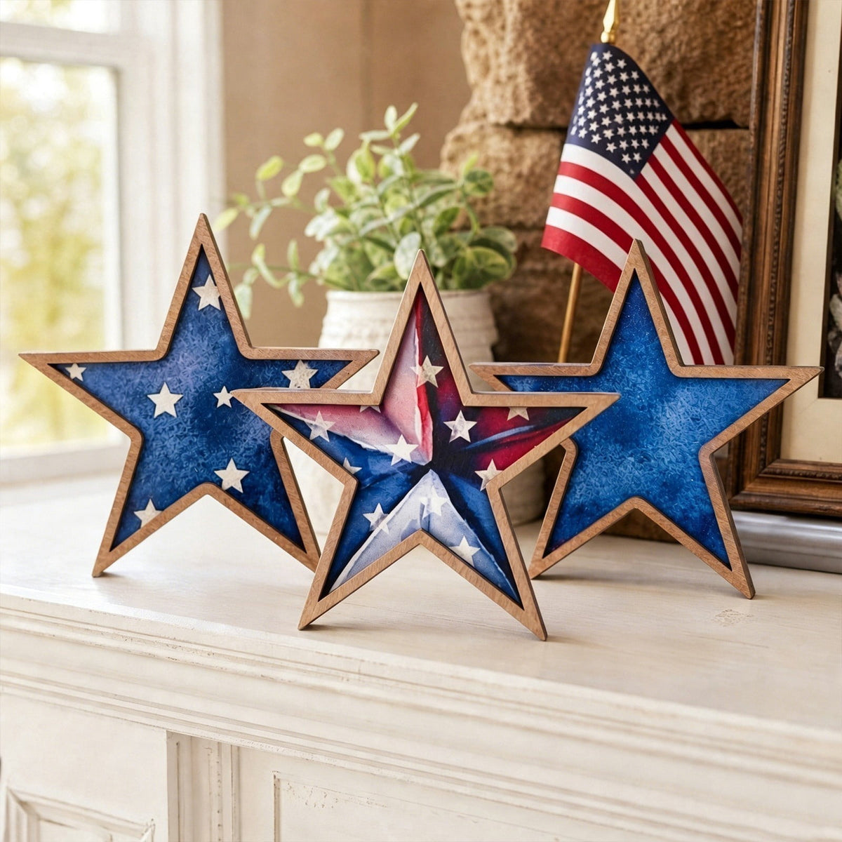 Japceit 3Pcs 4Th Of July Decorations Wooden Stars,Red White Blue Patriotic Decor, Independence Day Ornaments Set,For Home Office Table Shelf