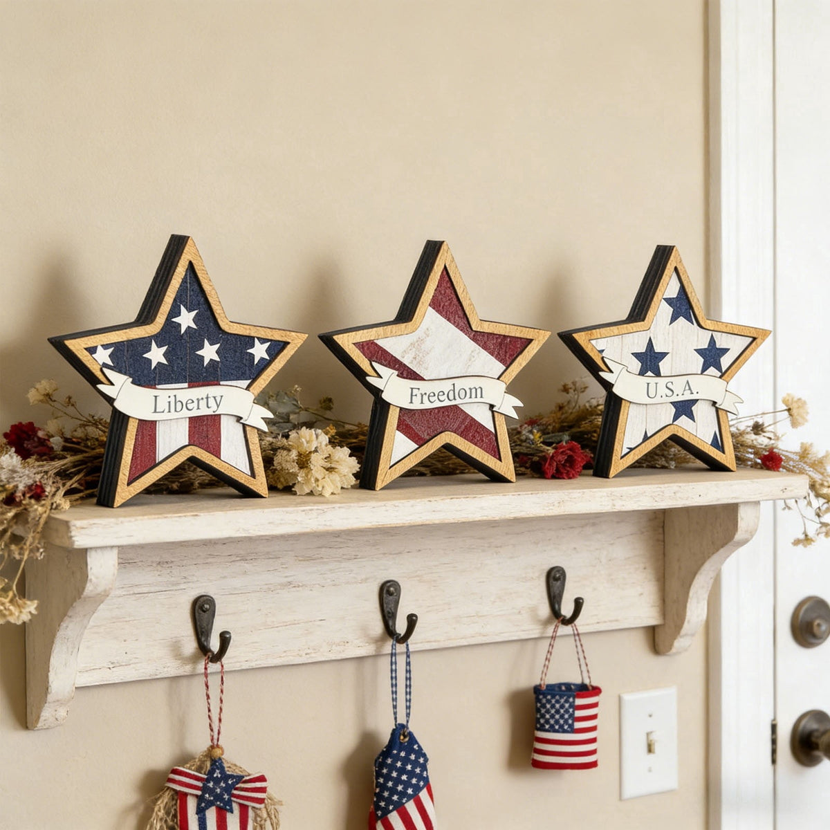Japceit 3Pcs 4Th Of July Decorations Wooden Stars,Red White Blue Patriotic Decor, Independence Day Ornaments Set,For Home Office Table Shelf