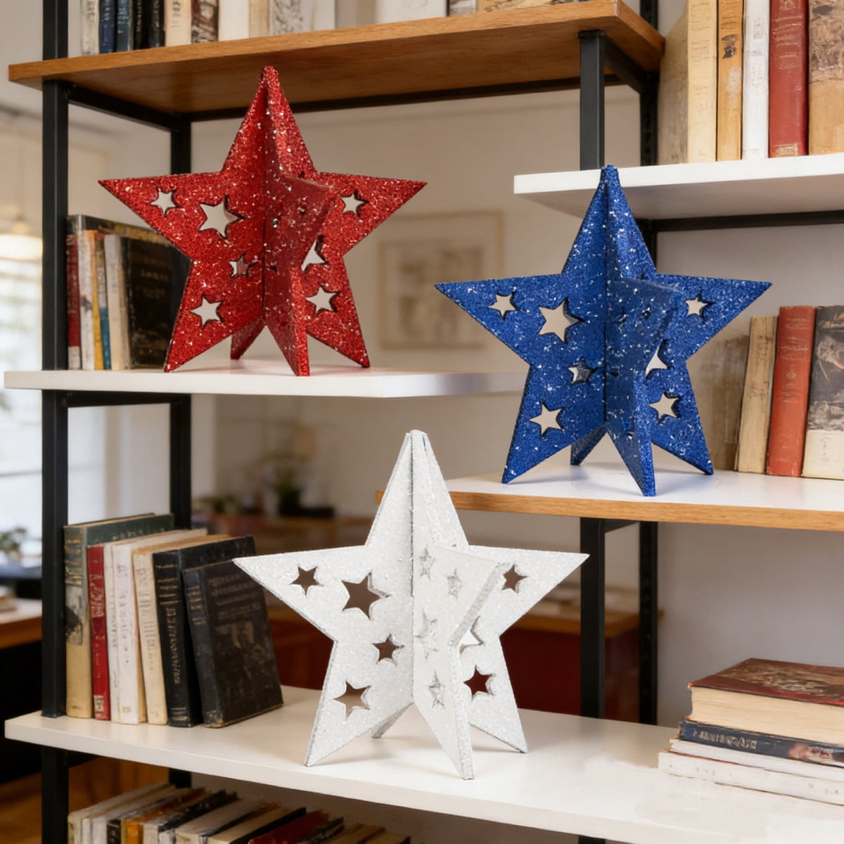 Japceit 3Pcs 4Th Of July Decorations Wooden Stars,Red White Blue Patriotic Decor, Independence Day Ornaments Set,For Home Office Table Shelf