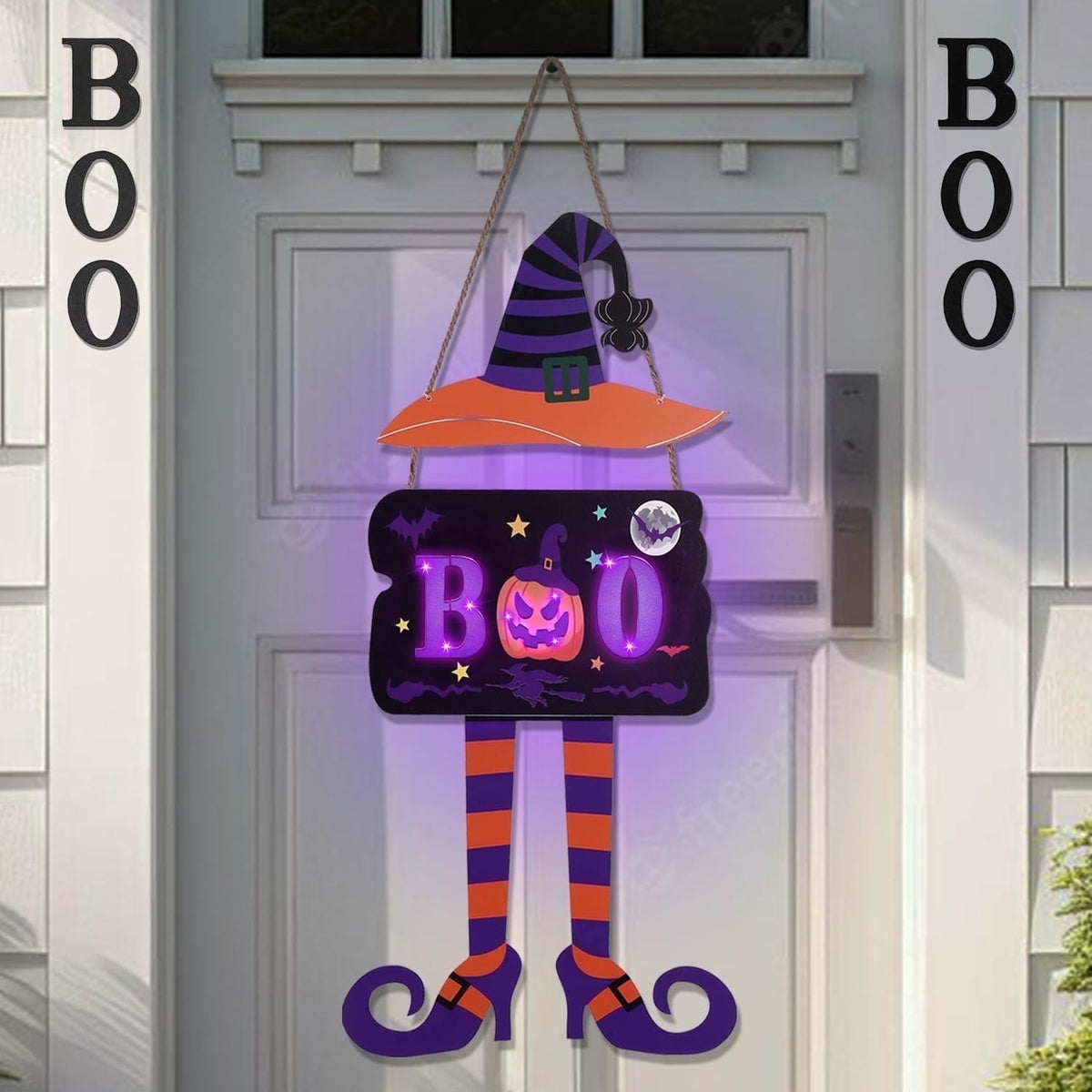 JoyHue Halloween Door Sign Witch Door Decorations With Timer Light Up Halloween Wreath Boo