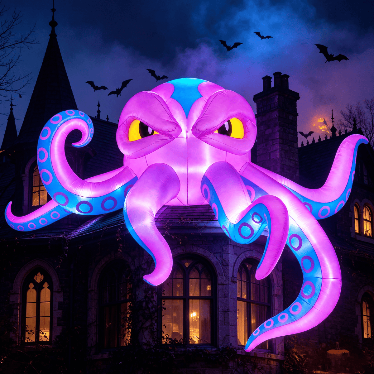 Joyfy 4 FT Halloween Inflatable Purple Octupos Head with Tentacles Broke Out from Window with Built-in LED Blow Up Inflatable for Window Decoration Yard Garden Lawn Decor