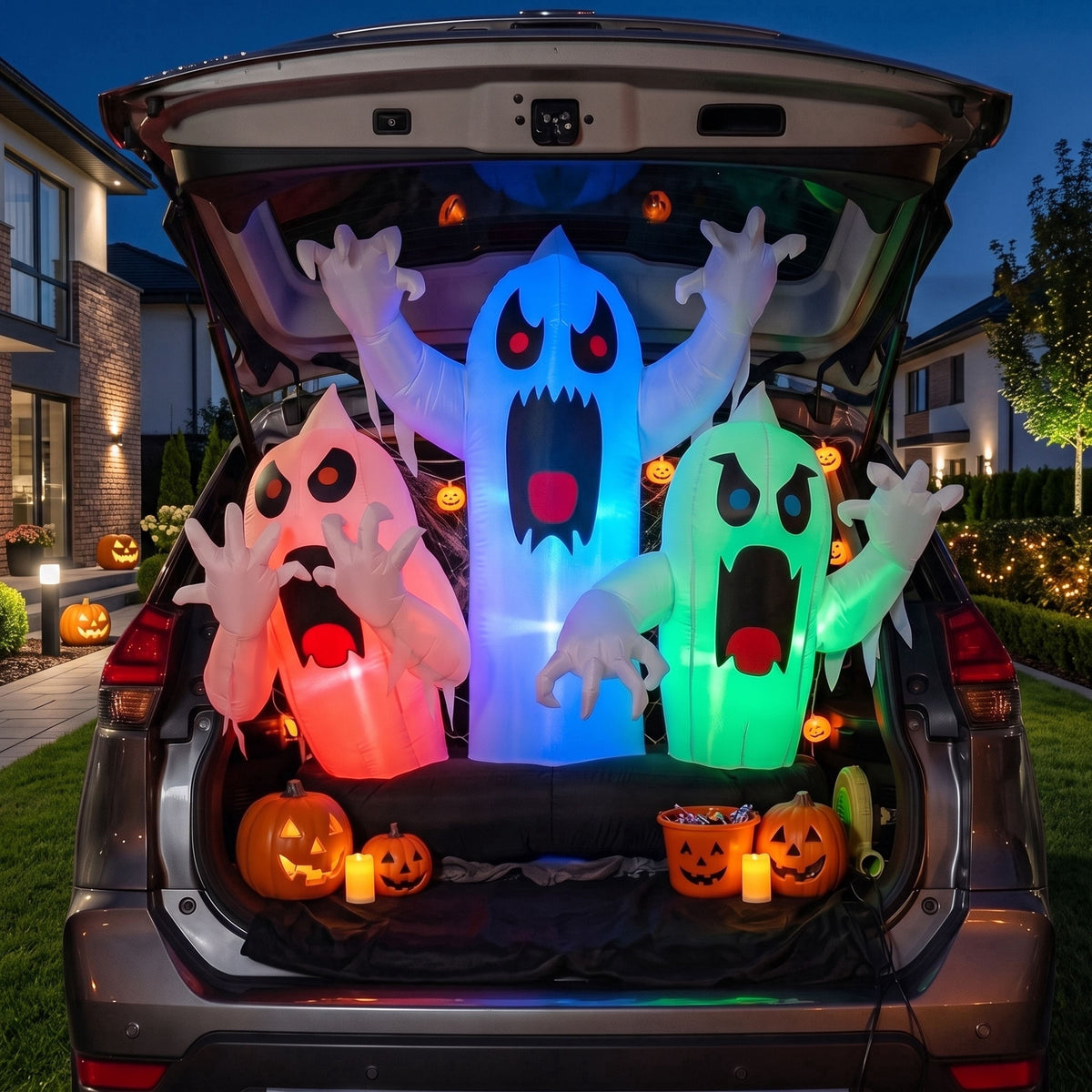 Joyfy 5 FT Halloween Inflatable Ghost Decoration with Colorful LEDs,Trunk or Treat Car Decorations Kit Ghost Trio with Built-in LED Light for Halloween Party Indoor,Outdoor,Yard,Garden Decor