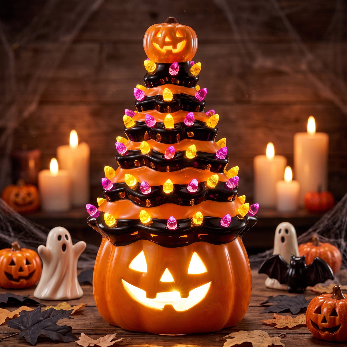 Joyfy 8.5 inch Halloween Decorations Ceramic Gnome Tree Decorations with Build-in LEDs,Light Up Pumpkin Table Decor Bedroom Indoor Centerpieces for Tables