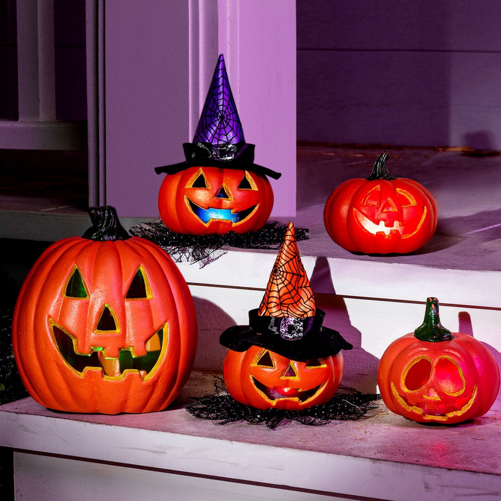 Joyfy 5 Pcs Light Up Halloween Pumpkin Decor Jack O Lantern Decorations Outdoor Indoor, Plastic Large Trick Or Treat Table Top Party Supplies Favors