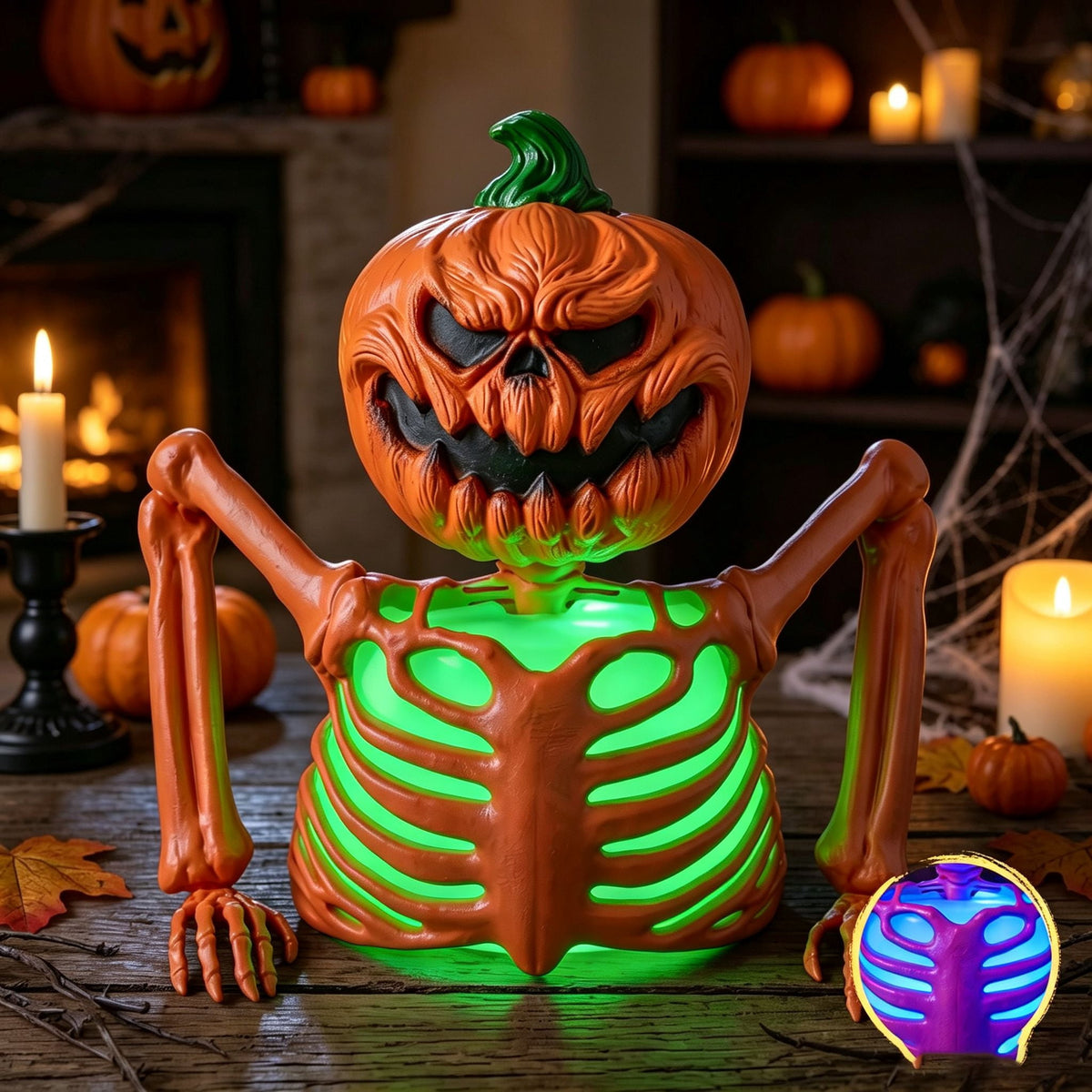 Joyfy Halloween LED Light Up Skeleton Pumpkin Table Decor,Multicolor Lighted Pumpkin Skeleton Ornament Indoor Outdoor Desk & Party Tabletop Decoration Supplies
