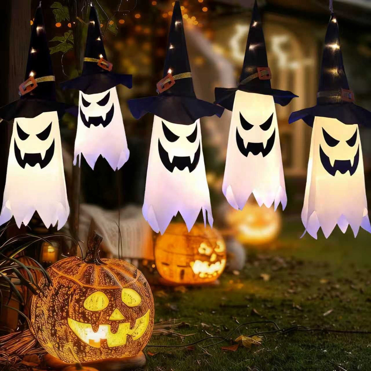 PMMIPNW Halloween Decorations Outdoor, Hanging Lighted Glowing Ghost Witch Hat 5PCS, Halloween Light for Halloween Party Yard Tree Garden