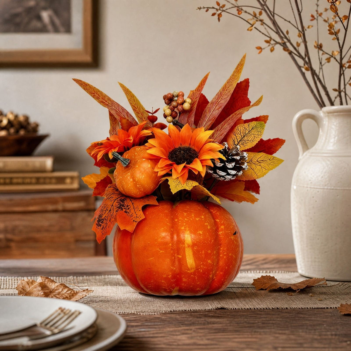 Pumpkin Decor with Artificial Flower Sunflowers Fall Decorations for Home Tabletop Kitchen Party Thanksgiving Harvest