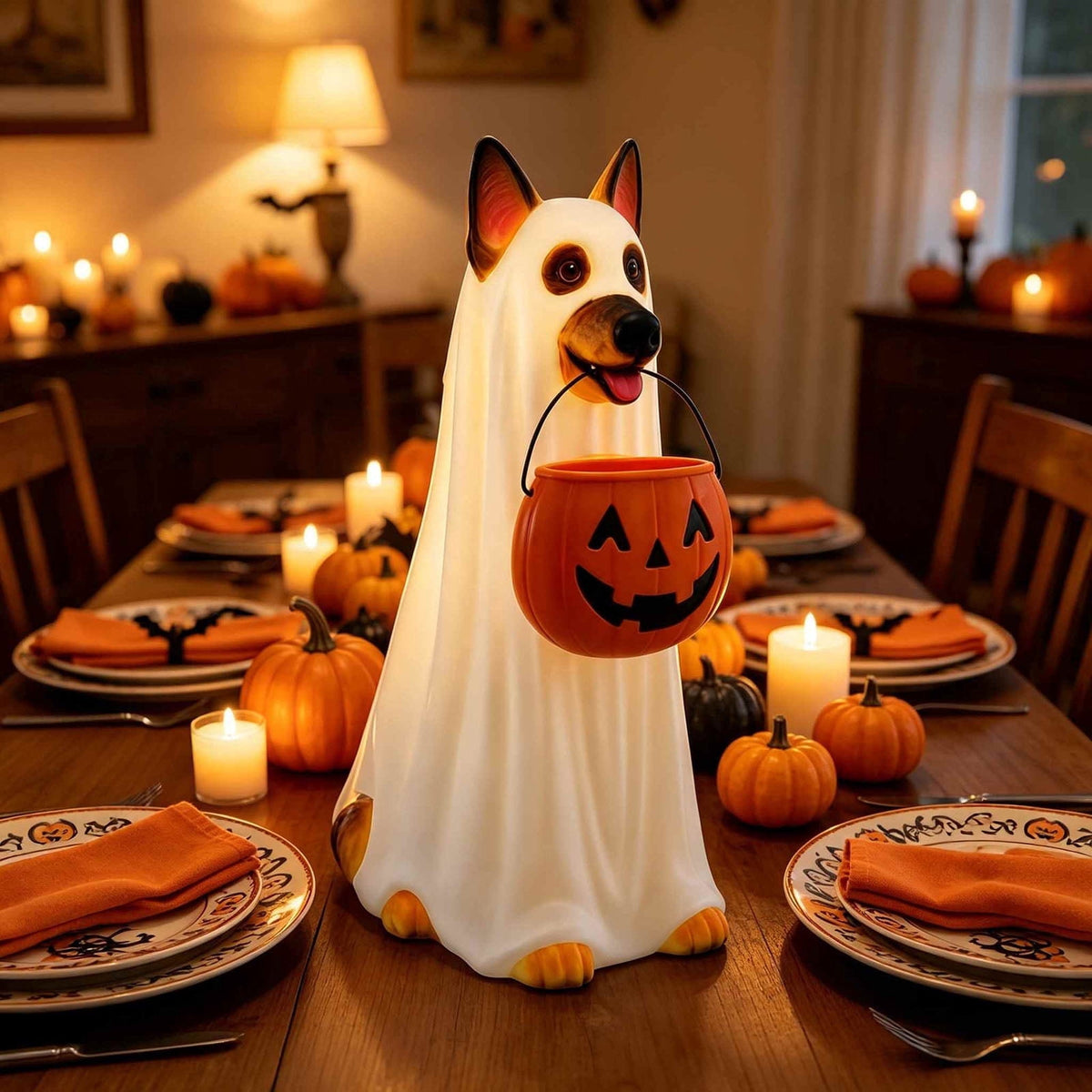 Fall Decorations for Home, 7.9in Lighted Halloween Scarecrow Dog Figurine, Resin Thanksgiving Halloween Garden Dogs Figurines for Autumn Harvest Porch Yard Garden Decor