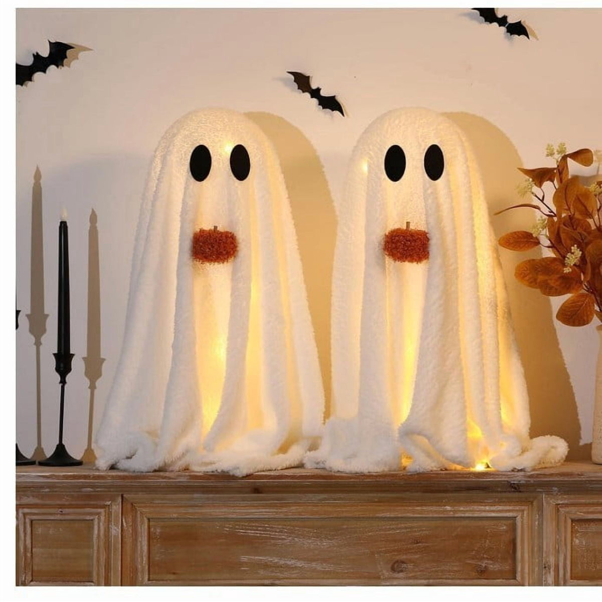 Light Up Plush Ghost with Pumpkin Ornament, Cute White Fabric Ghost Decoration with Warm LED Light, Halloween Luminous Farmhouse Tabletop Decor for Mantel, Shelf and Home Display
