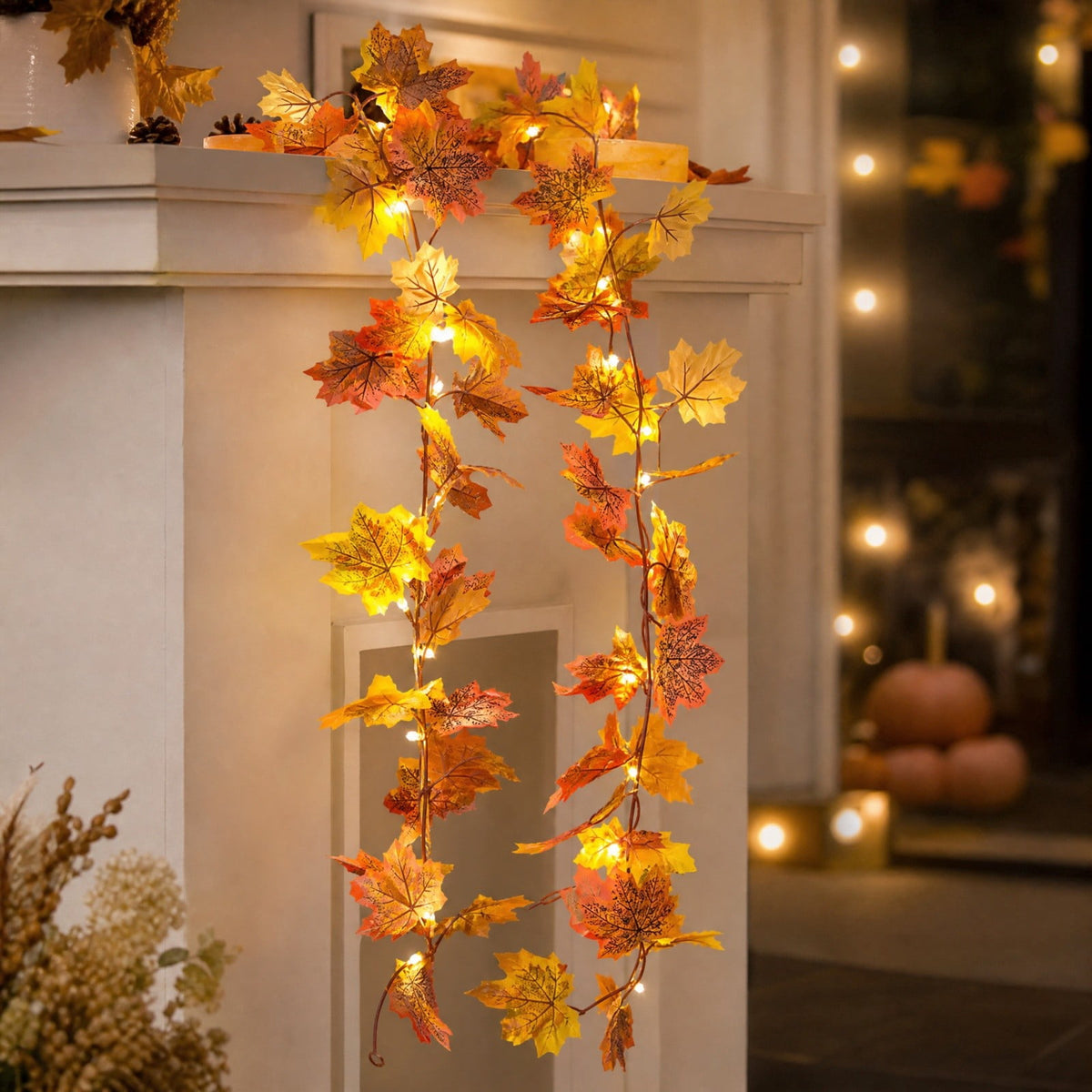 Halloween Black Garland with LED Lights 70.87 Inch Gothic Foliage for Mantel Stair Halloween Party Home Indoor Decor