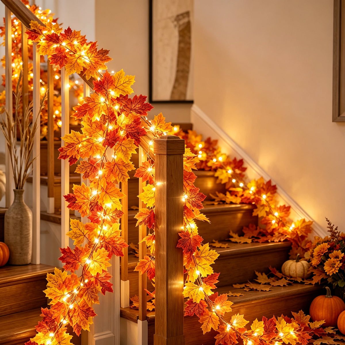 Halloween Black Garland with LED Lights 70.87 Inch Gothic Foliage for Mantel Stair Halloween Party Home Indoor Decor
