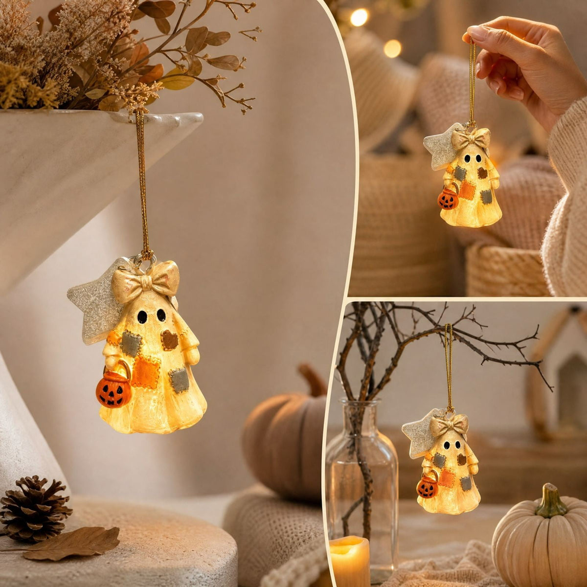 Vintage Patchwork Ghost Figurine, Cute Resin Halloween Ghost Statue with Floral Bow and Pumpkin Basket, Retro Fall Tabletop Mantel Shelf Entryway Porch Decor for Halloween Thanksgiving Home Party