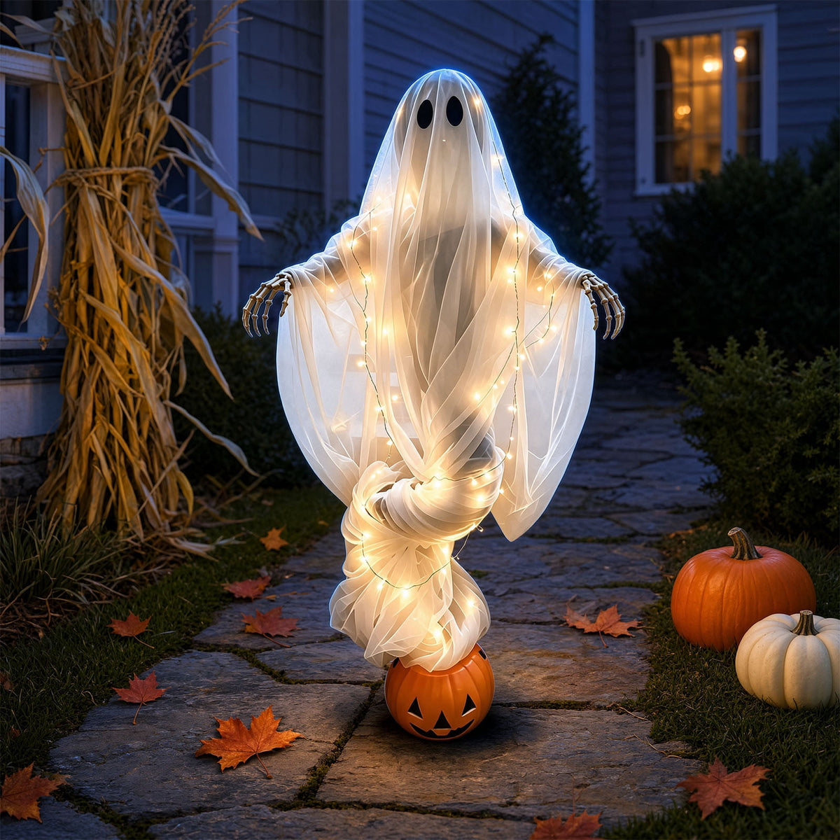 Luckky Swirling Ghost Pumpkin Yard Lamp,Lighted Spooky Ghost Statue with Warm Light,Waterproof Outdoor Ornament for Porch,Pathway,Lawn & Garden,Fall Autumn Halloween Party Decor
