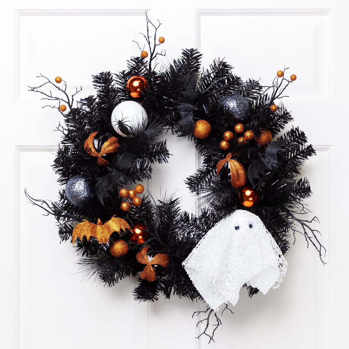 Northlight Ornaments and Ghost Halloween Twig Pine Wreath - 24" - Orange and Black - Unlit