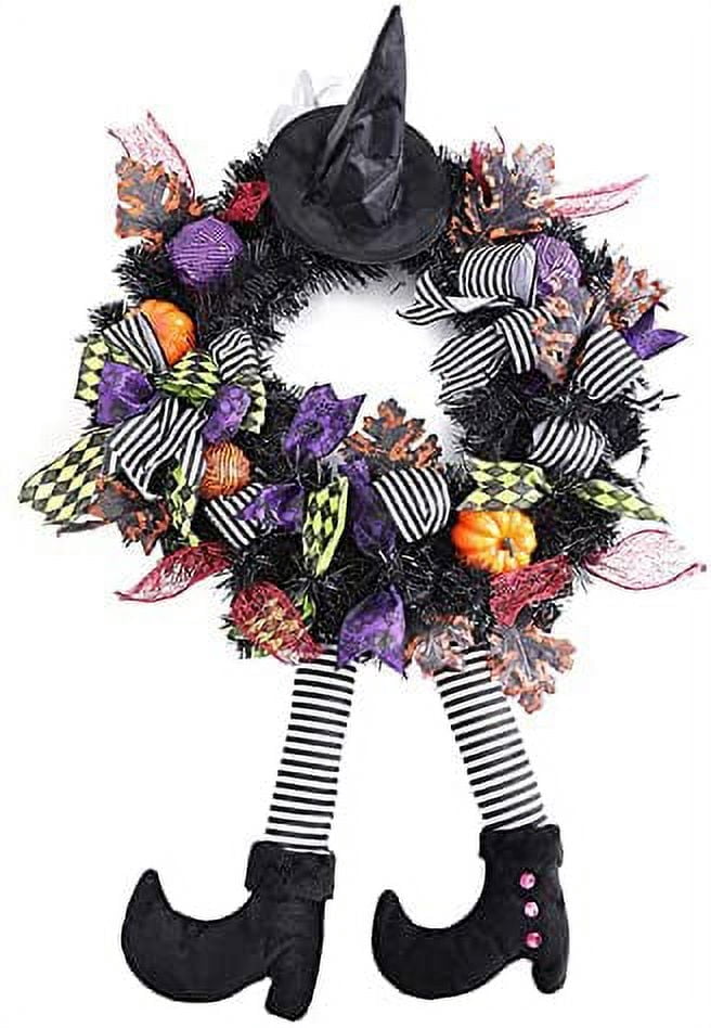Onedor Happy Halloween Wreath 39 Inch Witch Hat Legs Pumpkin Door Decorations Artificial Handmade Wreath for Front Door or Indoor Wall Decor