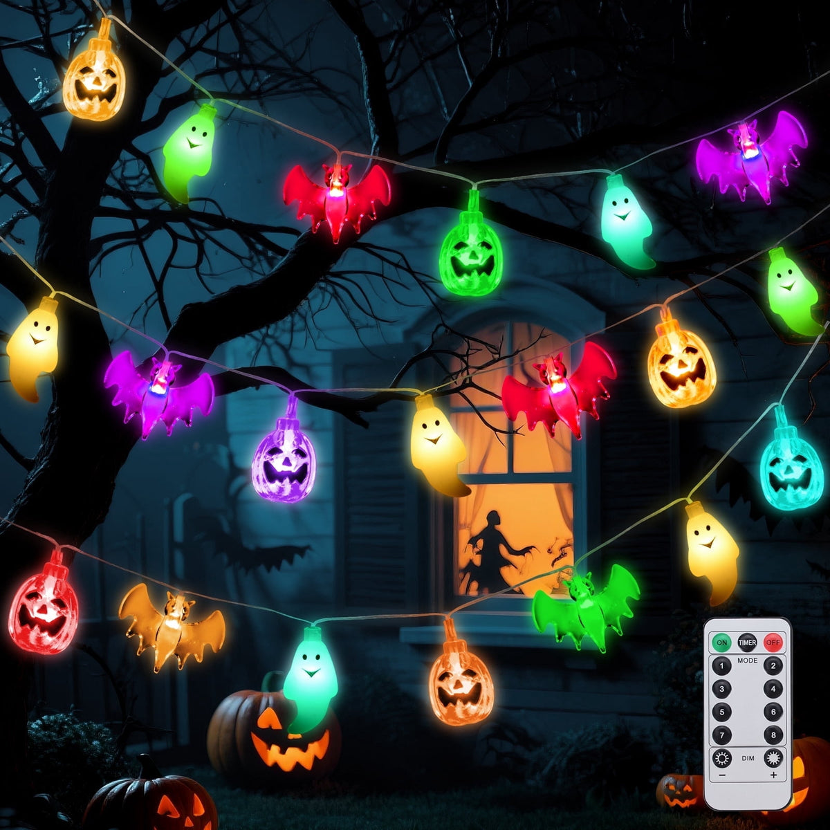Oziral Halloween Lights Outdoor Indoor 14.76 ft 30 LED Pumpkin Bat Ghost Battery Operated String Lights Waterproof Halloween Decorations,8 Modes,Timer