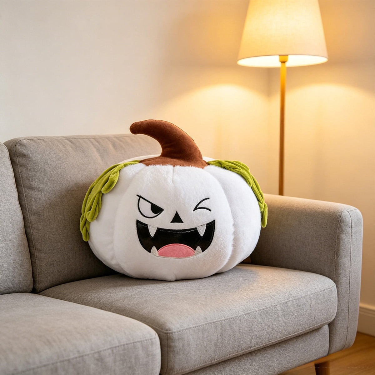 Pnmtdaia Orange Cute Smiling Fangs Pumpkin Plush Throw Pillow, Cozy Stuffed Halloween Thanksgiving Spooky Themed Decorative Cushion for Living Room Bedroom Home Holiday Decor