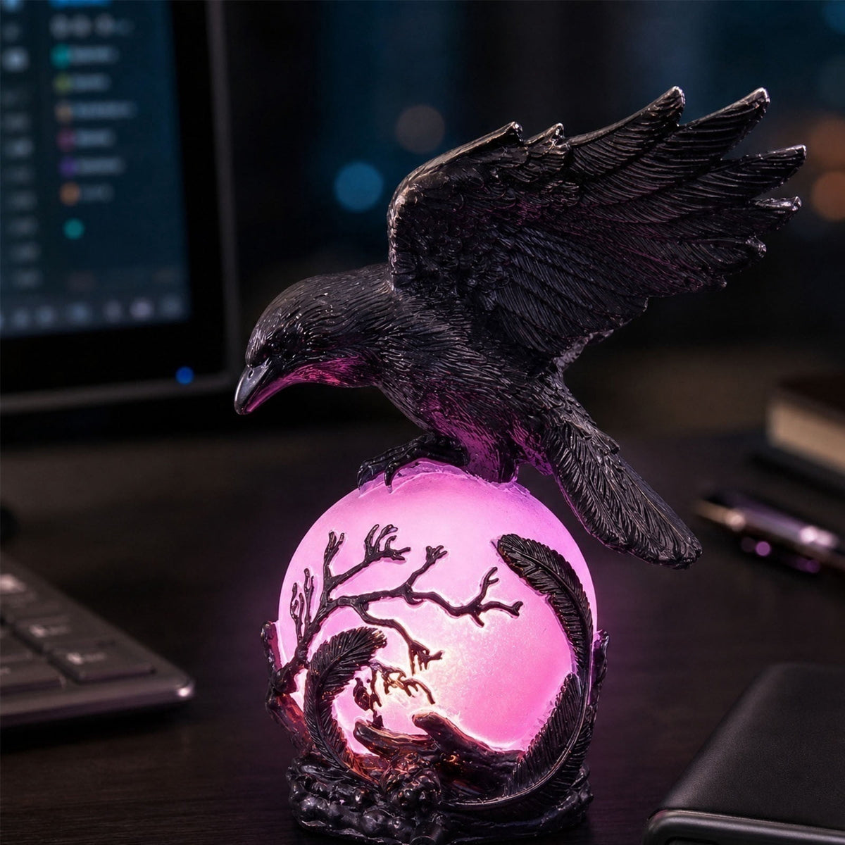 Gothic Mysterious Raven Lamp Light Sculpture, Resin Halloween Moonlight Luminous Crow Bird Led for Home Decor Gift, Bedroom Bedside, Living Room