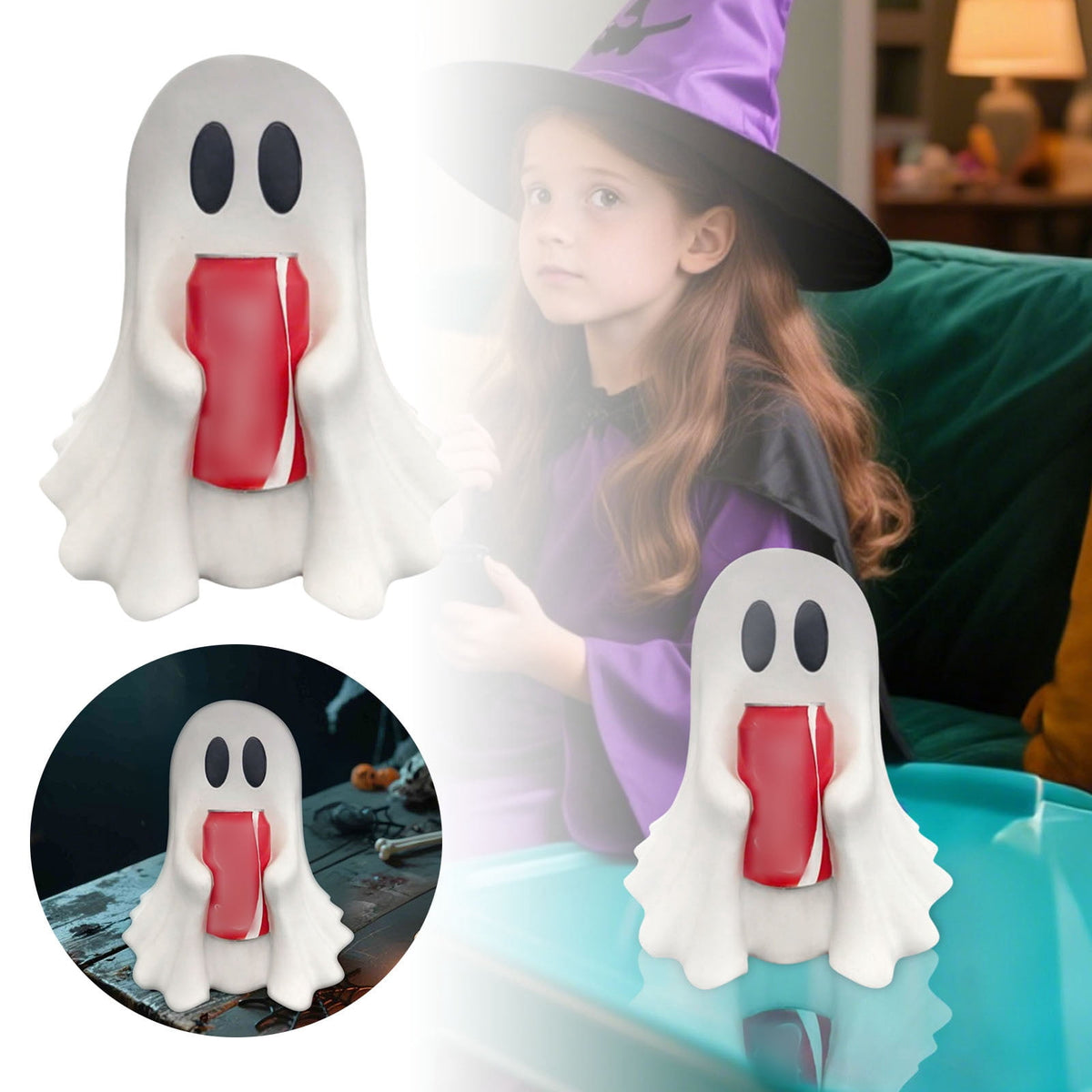 Halloween Ghost Figurine, Resin Lighted Ghost Ornament with Pumpkin Lantern & Beverage Cup, Tabletop Halloween Indoor Decor