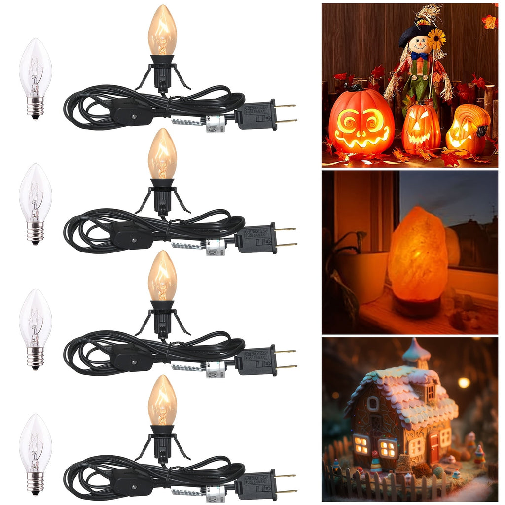 Set of 4 Accessory Cord with C7 Lights, Single Light with 4 Light Bulb, 6FT C7 Socket Clip Lights with On/Off Switch Plugs Perfect for Craft Village Halloween Christmas House Decoration