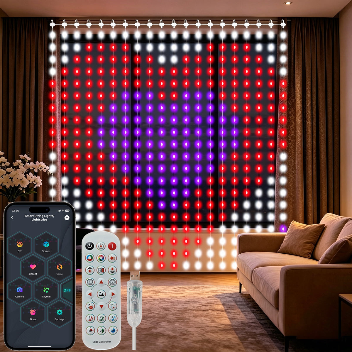 SuperRGB Smart Curtain Lights,400 LED 9.8ft x 9.8ft APP & Remote Control Color Changing RGB Dynamic DIY Fairy String Lights for Bedroom Backdrop Wall Window Decor