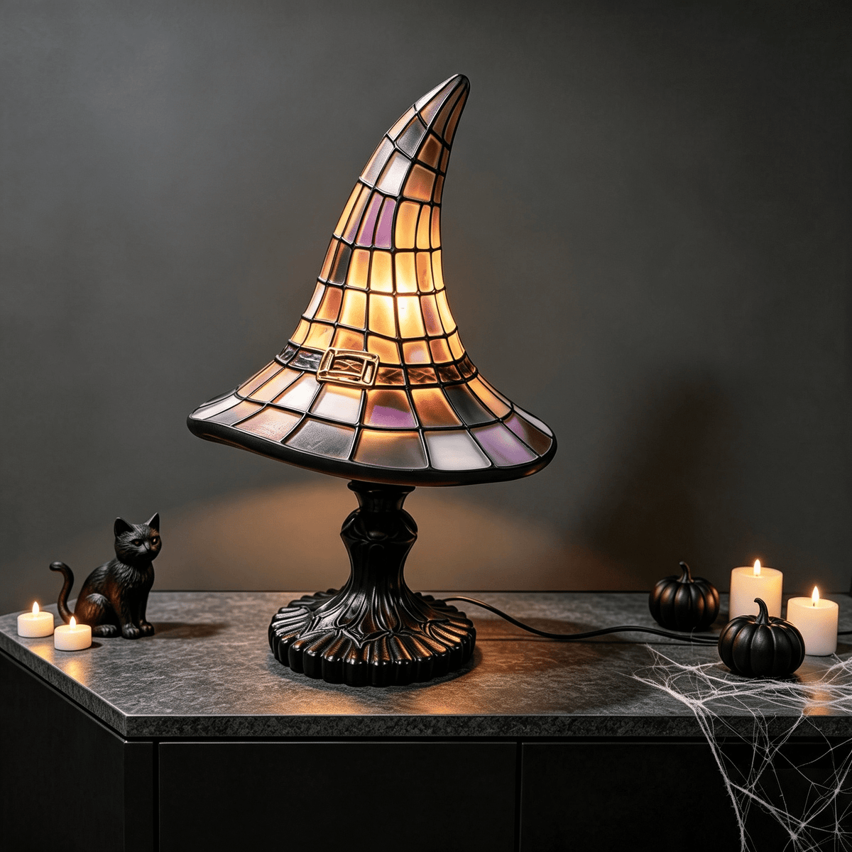 Stained Glass Witch Hat Lamp Gothic Halloween Lighting Decor, Vintage Witchy Hats Night Lights, Handcrafted Retro Resin Table Lamp for Bedroom, Living Room & Home Decor