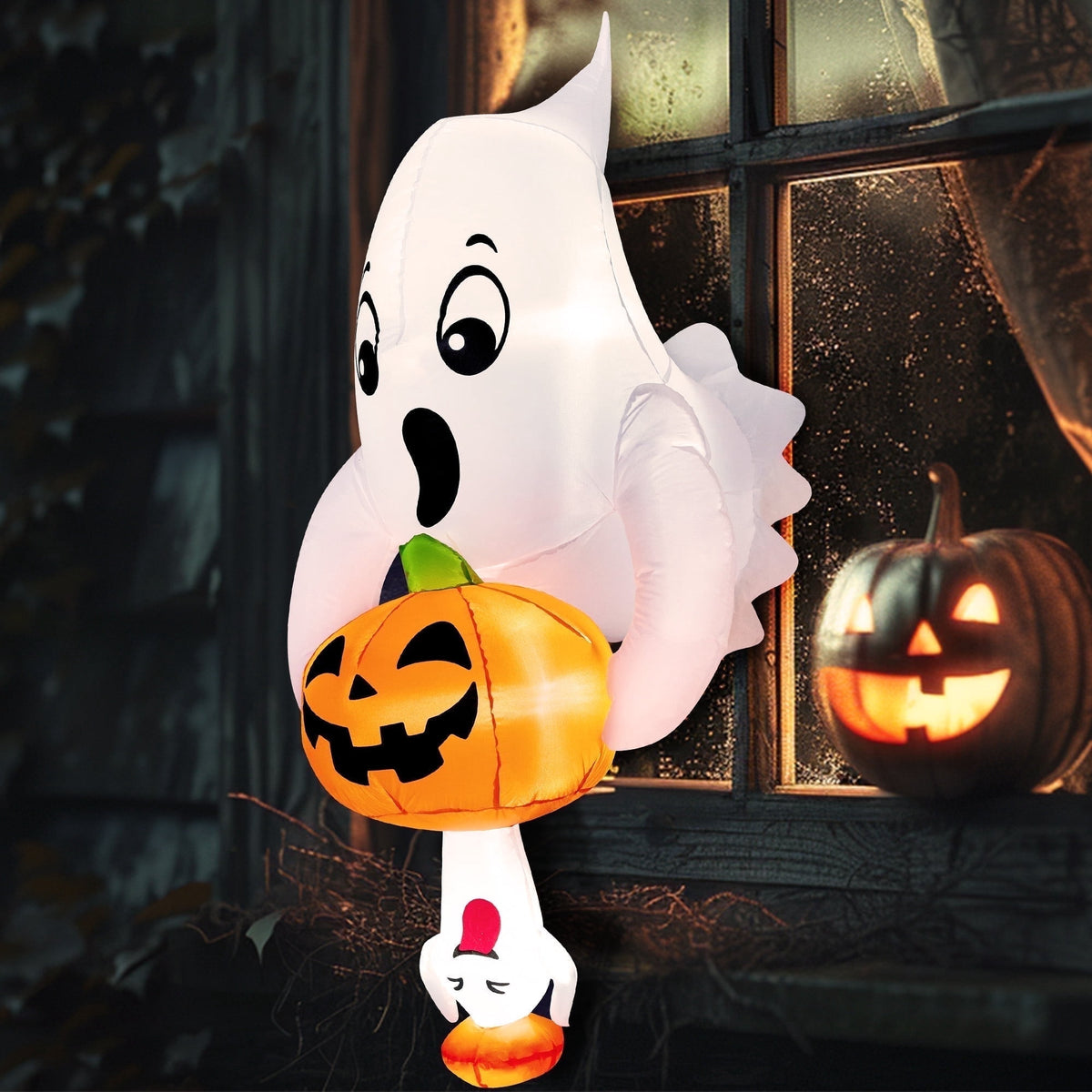 Joyfy 4 FT Halloween Inflatable Purple Octupos Head with Tentacles Broke Out from Window with Built-in LED Blow Up Inflatable for Window Decoration Yard Garden Lawn Decor