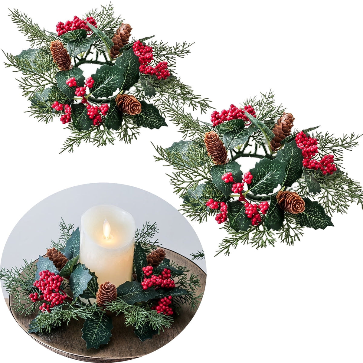 TETOU 2Pcs Halloween Candle Rings Wreath for Pillar Candle Holder, Maple Leaf Black Rose Small Wreaths for Fall Thanksgiving Home Table Centerpieces, Cabinet Decorations - Black